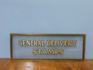 Antique Post Office General Delivery Stamps Hanging Glass & Brass Vintage Sign