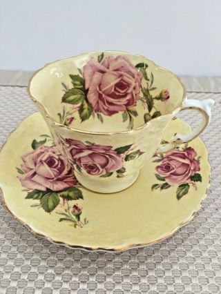 Vintage Aynsley Pastel Yellow And Large Pink Cabbage Rose Cup And Saucer