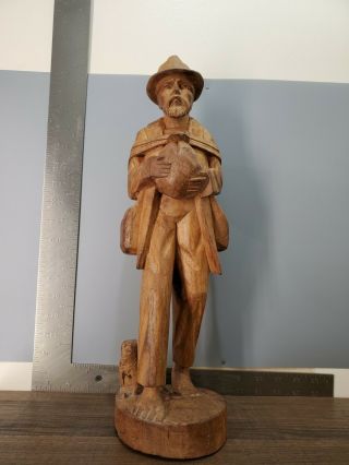 Vintage Hand Carved Wood Man With His Dog Sculpture Statue Figure Old 16  T
