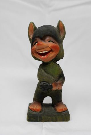 Henning Norway Carved Wood Troll Boy Holding Tail 6.  75”