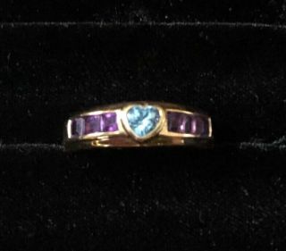 Vintage Amethyst Channel Set 14k Yellow Gold Ring Band With Blue Topaz Heart,  5