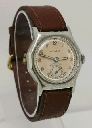 Vtg 1940s Ww2 Era Arcadia Military Style Borgel Octagonal Case Gents Wrist Watch
