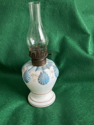 Antique P&a Hornet Hand Paint Milk Glass/shells Oil Lamp 10”awesome Rare Look