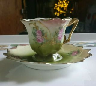 Antique Miniature Tea Cup & Saucer Green Pink Flowers Gold Accents Ruffle Edge