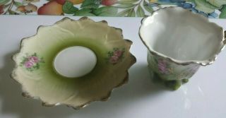 Antique miniature Tea Cup & saucer Green pink flowers gold accents ruffle edge 2