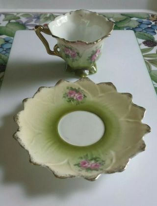 Antique miniature Tea Cup & saucer Green pink flowers gold accents ruffle edge 3