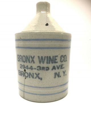 Rare Stoneware Crock Rcp Co.  Advertising Wine Jug Bronx Akron White Blue Stripe