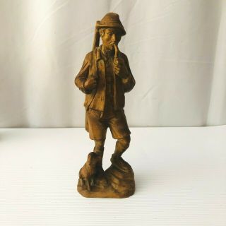 Vintage Wooden Carved Figurine Man Smoking Pipe With Dog Wood