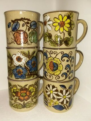 Vintage Set Of 6 Mugs,  6 Different Floral Patterns,  Stackable,  Retro,  Unique,  Co