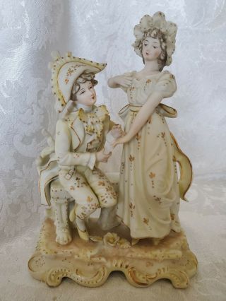 Antique French Bisque Figurine Couple " The Proposal " W/crossed Arrow Mark 7591