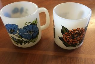 2 Vintage Glasbake Language Of Flowers Morning Glory & Zinnia Milkglass Mugs