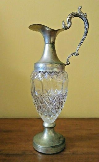 Vintage Chrystal Glass Italy Silver Plate Pitcher Wine 13 "