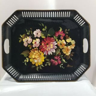 Vintage Tole Hand Painted Tin Metal Tray Floral Rose Design Reticulated Signed
