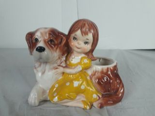 Vintage Girl And Dog Planter Puppy St Bernard Ceramic Porcelain