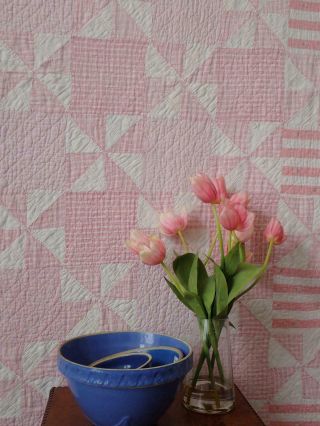 Vintage Farmhouse Pastel Pink & White Pinwheel Quilt 74x66