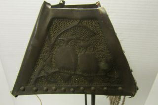 Handled tooled vintage arts/crafts Newcomb College? lamp shade with owls brass ? 2