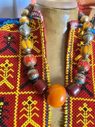 Berber Copal African Resin Amber And Brass Filligree Vintage Tibetan Necklace.