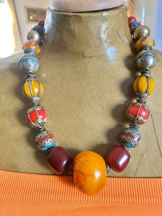 Berber copal African resin amber and brass filligree vintage Tibetan necklace. 2