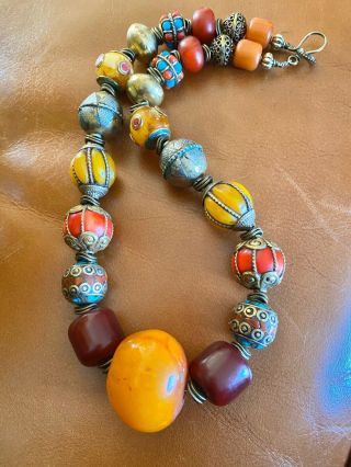 Berber copal African resin amber and brass filligree vintage Tibetan necklace. 3