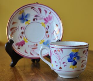 Lovely Antique Staffordshire Soft Paste Pink Luster Cup & Saucer Set