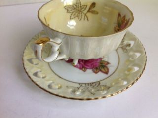 Vintage Royal Halsey Pearl And Yellow Luster 3 Footed Tea Cup And Saucer