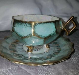 Royal Halsey Footed Cup Scalloped Saucer Blue With Told Trim,  Iridescent