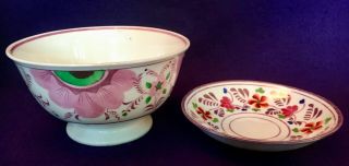 Antique Staffordshire Pink Lustre Waste Bowl & Saucer Hand - Painted Soft Paste Ch