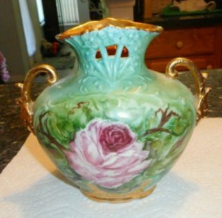 American Hand Painted Porcelain Vase - Roses With Heavy Gilding - Signed