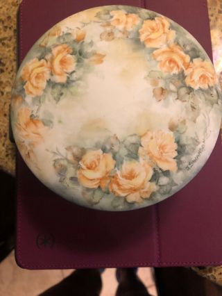 Vintage Large Hand Painted Powder Box W/ Lid Trinket,  Bisque Yellow Roses Signed