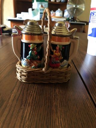 Vintage German Beer Stein Salt And Pepper Shakers In Wooden Basket Handpainted