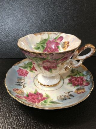 Vintage Pink Tea Cup & Blue Saucer Lm Royal Halsey Very Fine Roses Paint