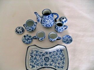 Vintage Miniature Porcelain 10 Pc Tea Set Blue & White Dollhouse Display Child 