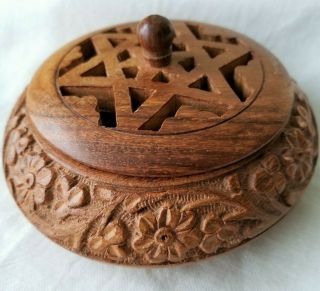 Vintage Carved Wooden Box Round Container Trinket Wood Canister W Lid India 5 In