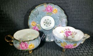 Vintage Royal Halsey Very Fine China 2 Footed Teacups And 1 Saucer Eng.  Roses