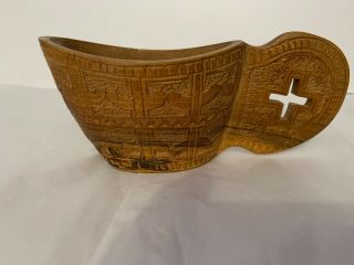 Vintage Handmade Carved Wood Shepherds Cup From Yugoslavia With Cross Handle