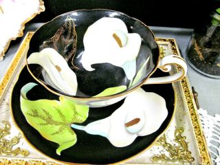 Waco Occupied Japan Tea Cup And Saucer Calla Lily Floral Teacup Japan Black