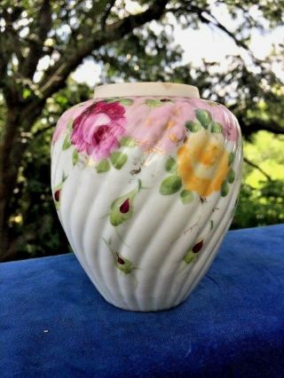Antique French Limoges Vanity Vase Handpainted Pink Yellow Roses Gold Swirl ❤️j8