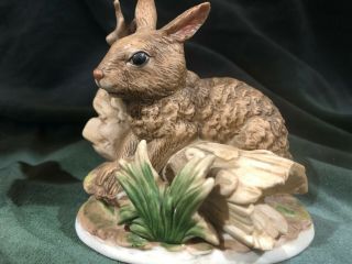 Homco Porcelain Figurine Bunny Rabbit On Log No.  1411