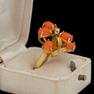 Antique Vintage Deco Retro 14k Yellow Gold Chinese Momo Coral Diamond Ring Sz 6