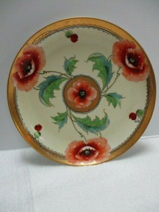Antique Plate,  Hand Painted Floral Poppies Gold Trim,  Signed Aw,  Stouffer France