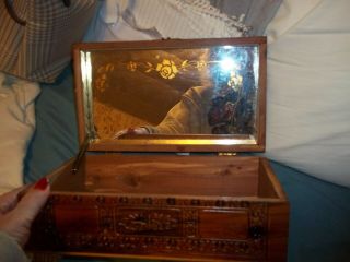 Vintage Wood Cedar Chest Jewerly Box Mirrored Footed 10 3/4x 6 1/2x 4