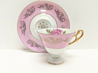Royal Halsey Very Fine Tea Cup & Saucer Pink With Roses Gold Gilt