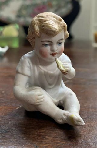 Antique German Victorian Eating Piano Baby Doll Small Bisque Figurine