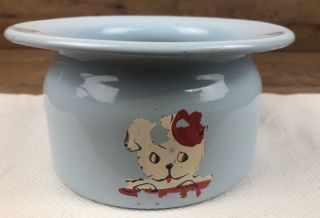 Vintage Blue Enamelware Childs Chamber Pot Graniteware Potty With Dog Decal 3