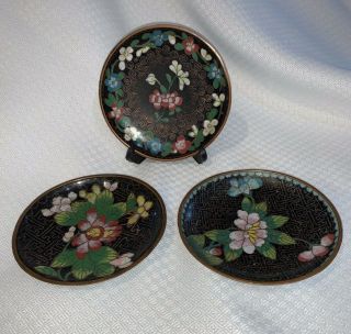 (3) Vintage Chinese Cloisonne Small Dish Floral Plates 3 3/4”