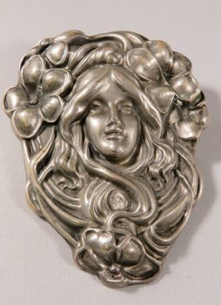Antique Art Nouveau Lady And Floral Swirling Shield Broach