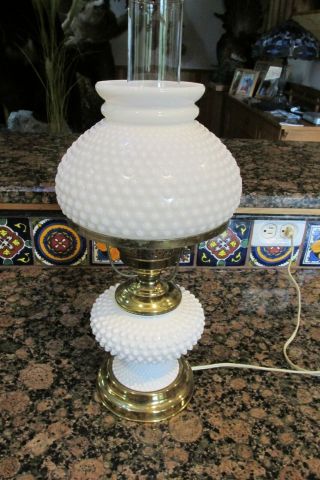 Vintage White Milk Glass Hobnail Hurricane Table Lamp Electric 18.  5 " T 8 " W