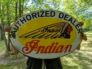 Vintage Oval Indian Motorcycles Porcelain Advertising Sign Authorized Dealer