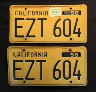 1956 California Yellow And Black License Plates Pair Ca Vintage