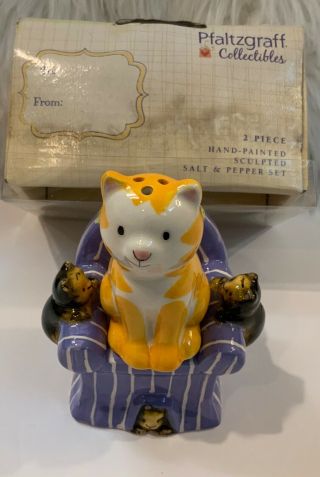 Pfaltzgraff Cat On A Chair Ceramic Salt And Pepper Shakers 2 Piece Set Boxed